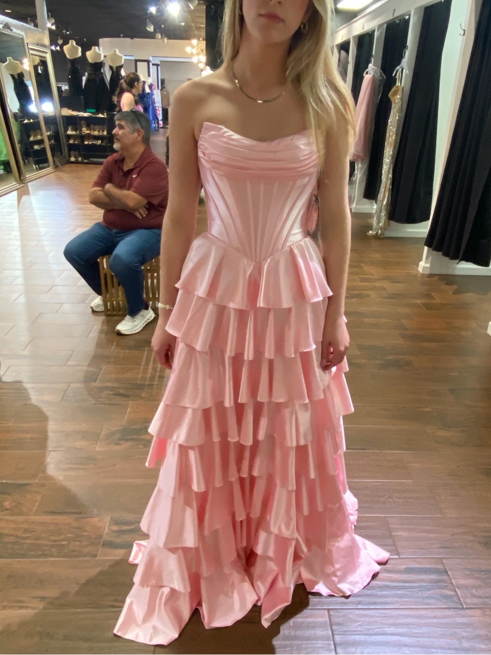 Sherri Hill Strapless Pink Tiered Ruffle Ball Gown